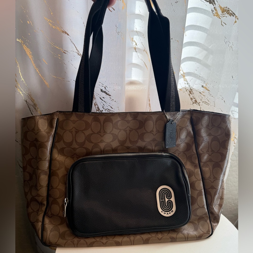 Coach Large Signature Canvas Brown and Black Tote with Leather Pocket